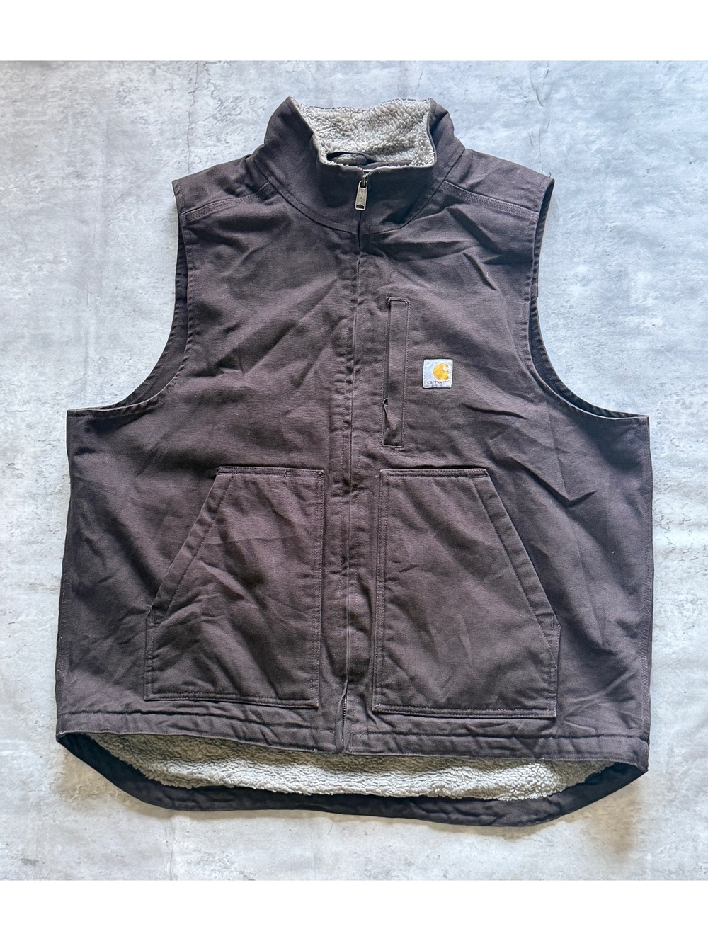 Vintage Carhartt L Brown Sherpa Lined Washed Duck Vest.
